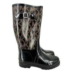 Michael Kors Tall Rain Boots Women's Size 7 Black Signature Logo Waterproof